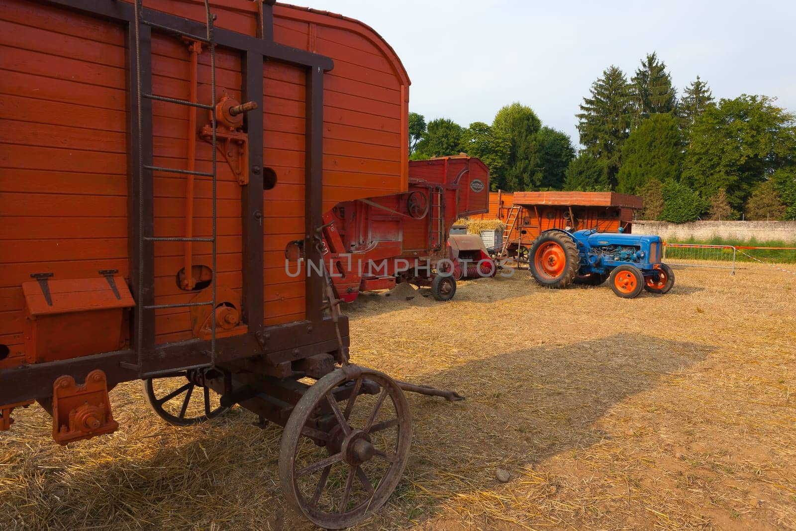 Old tractor and farm wagon, agriculture, rural life