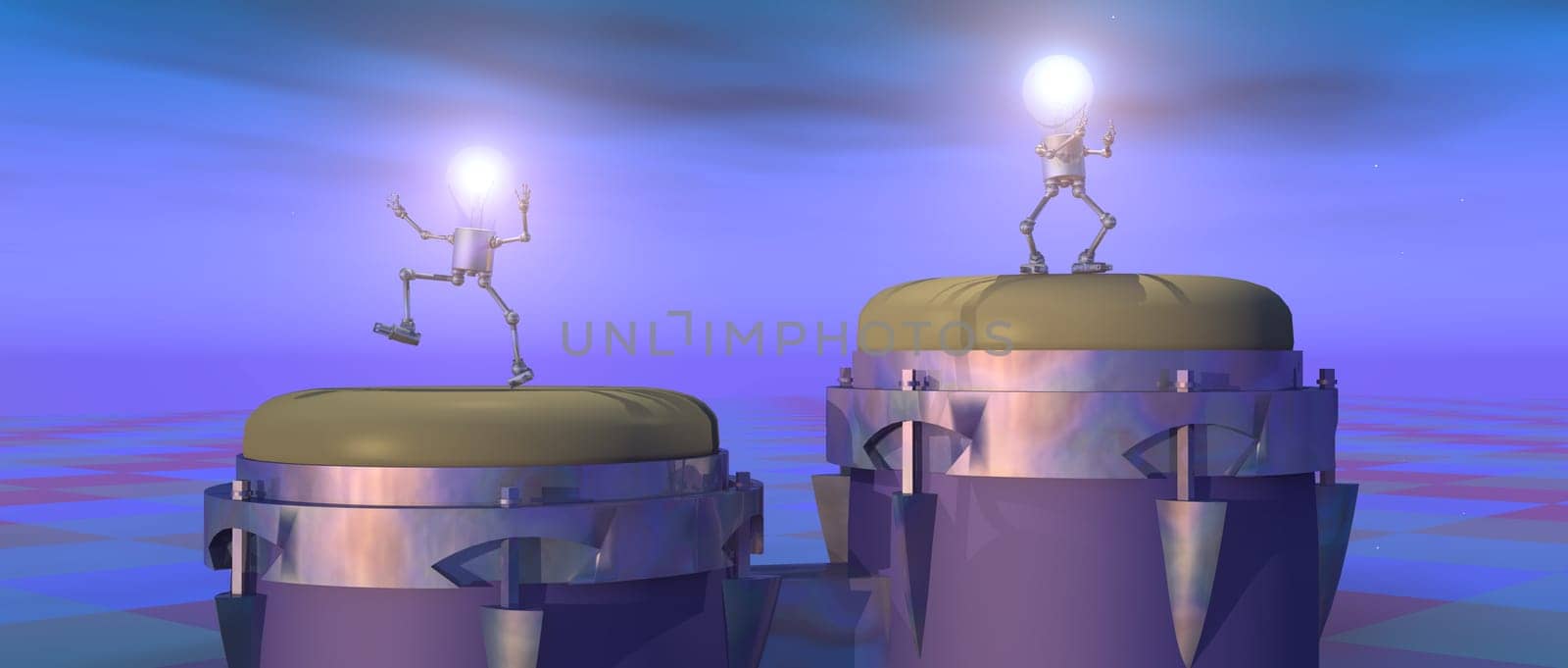 Computer generated 3D illustration with bongo drum and light bulb figures at night