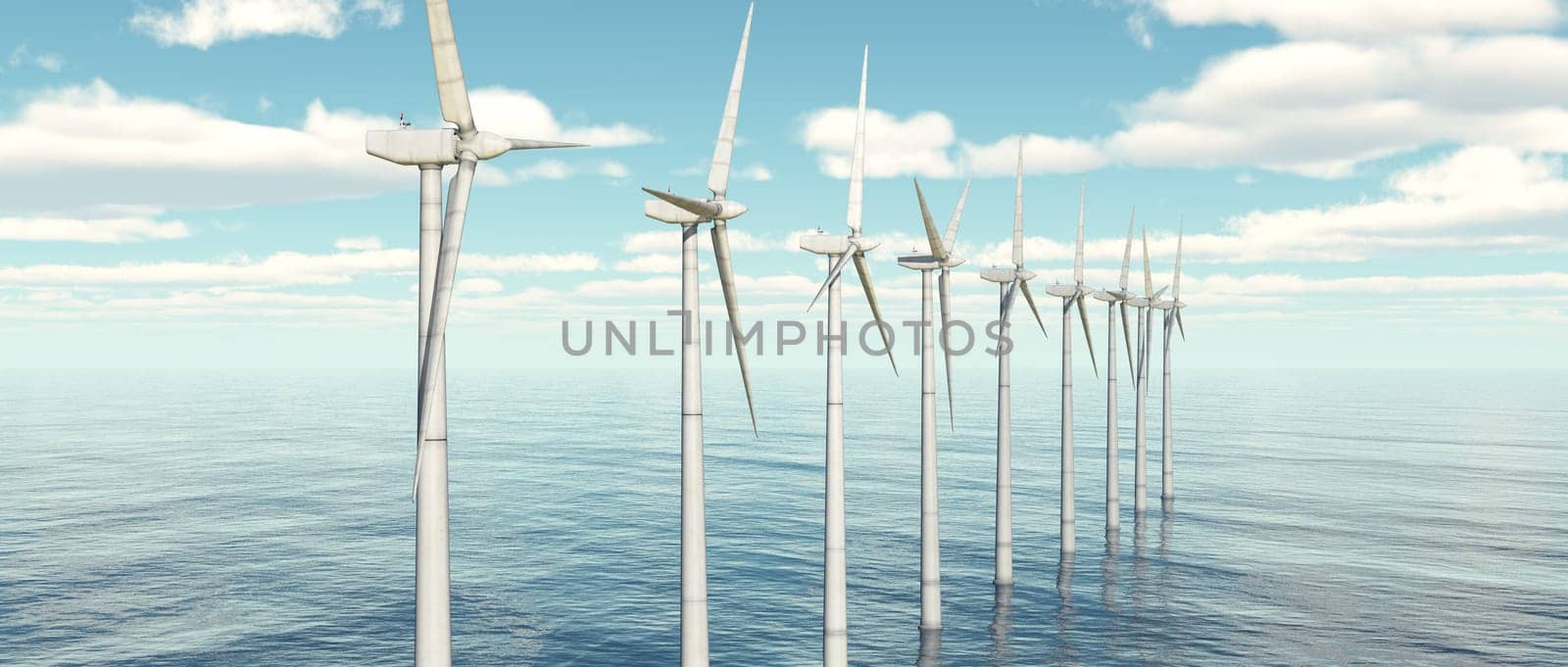 Computer generated 3D illustration with offshore wind turbines
