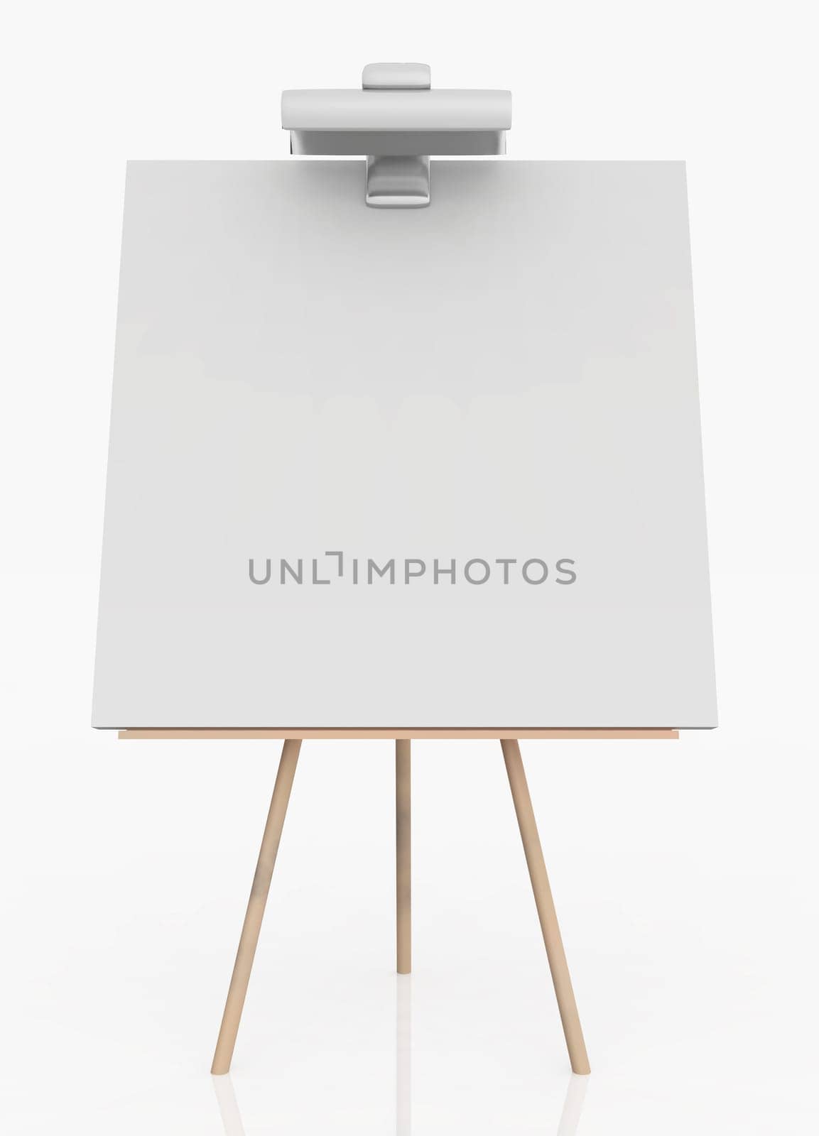 Computer generated 3D illustration of an easel with lamp against a white background