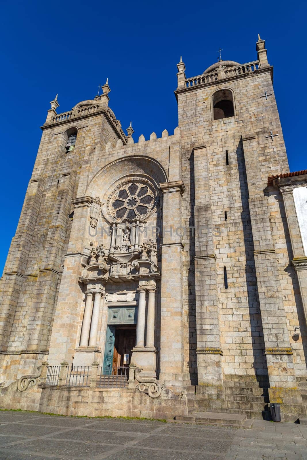The facade of the Porto Cathedral seen from the entrance, Portugal