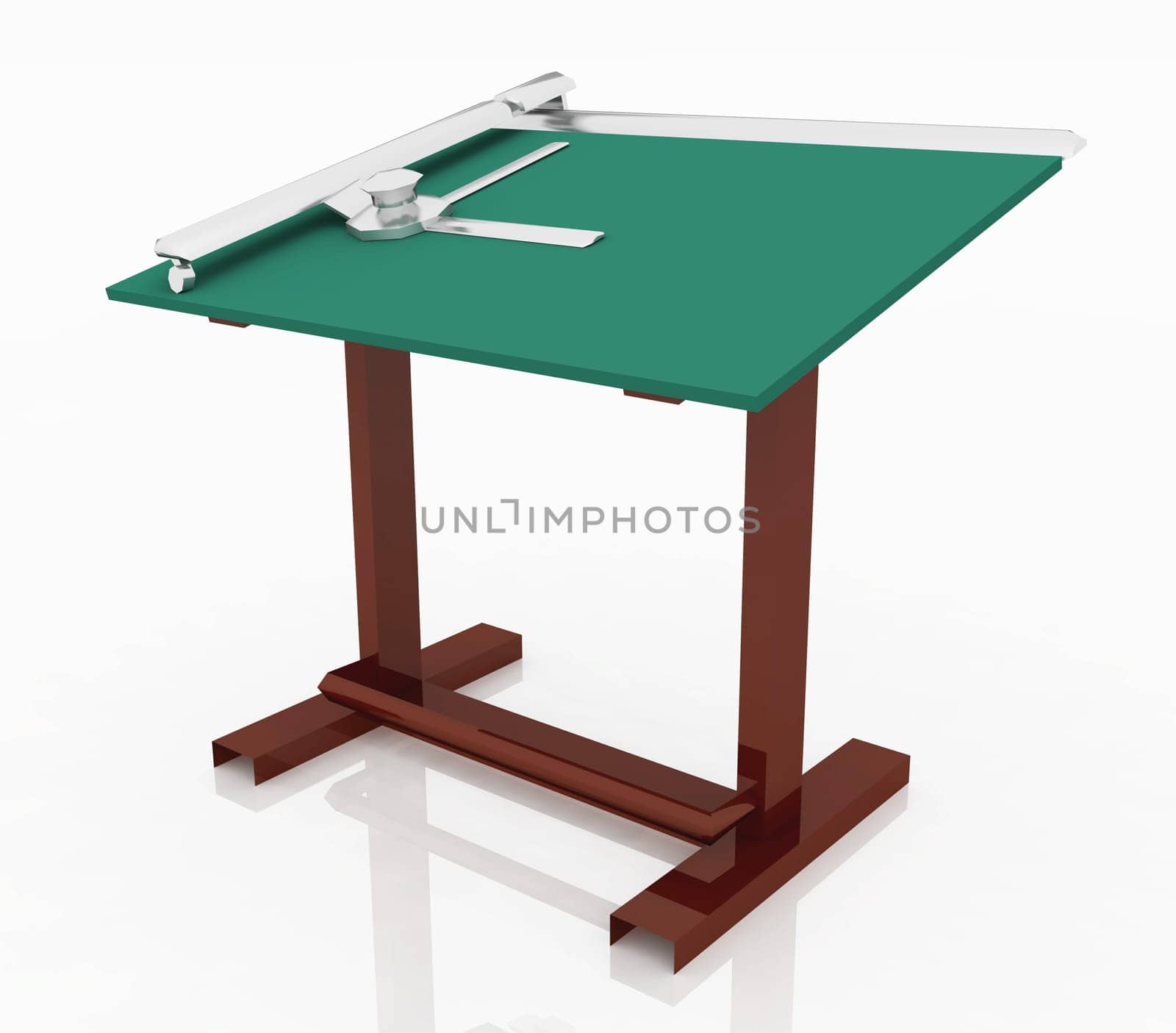 Computer generated 3D illustration with a modern drafting table against a white background