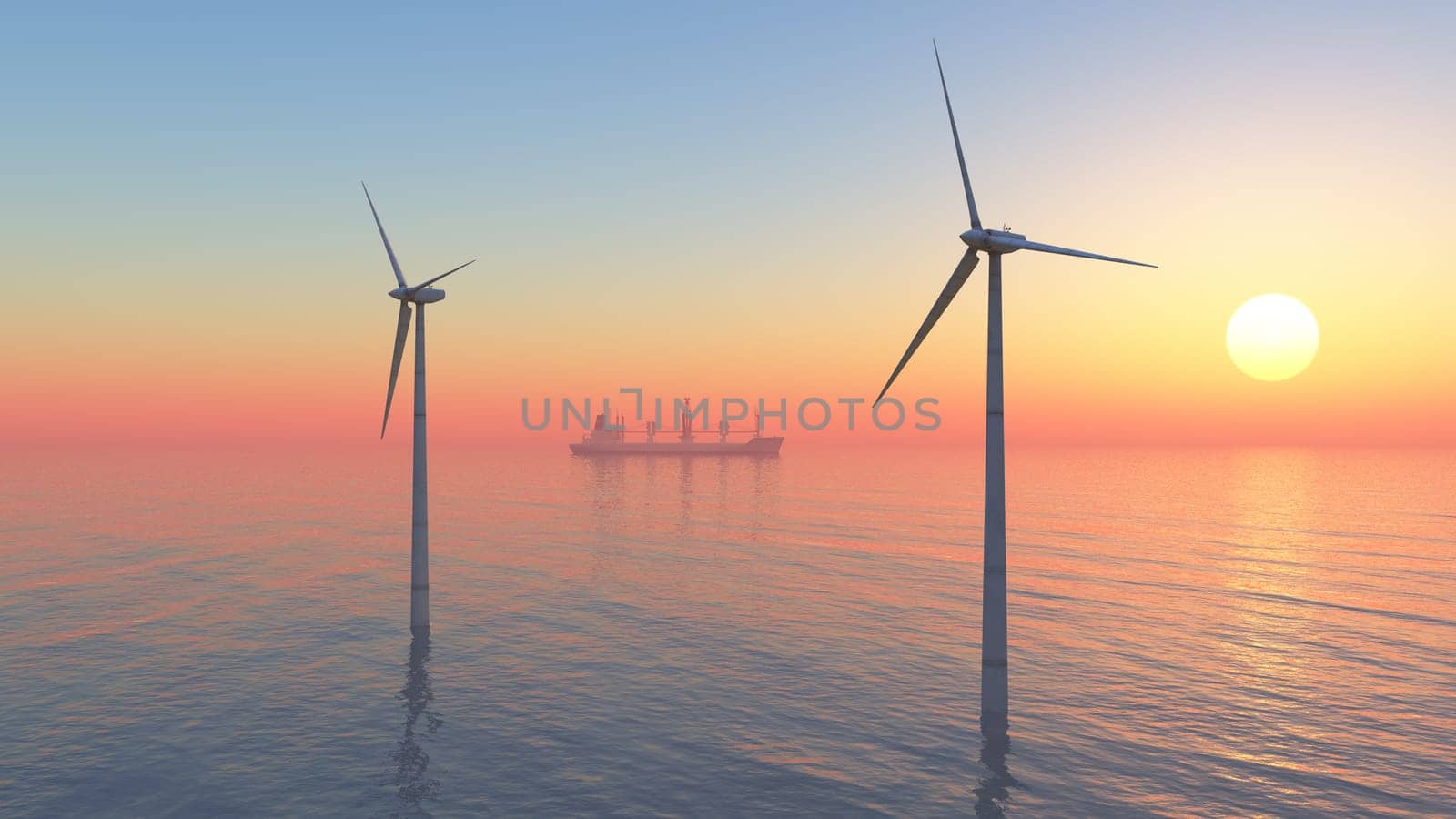 Computer generated 3D illustration with offshore wind turbines and cargo ship at sunset