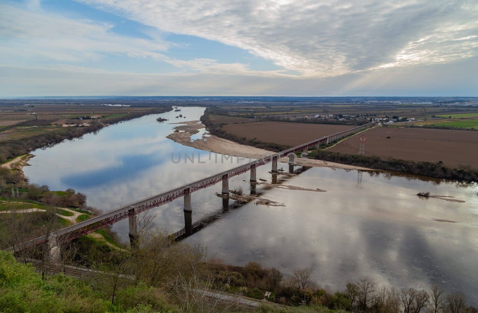 Santarem, Portugal. Ponte Dom Luis I Bridge, Tagus River and Leziria fields the fertile alluvial plain of Ribatejo. Seen from Portas do Sol viewpoint