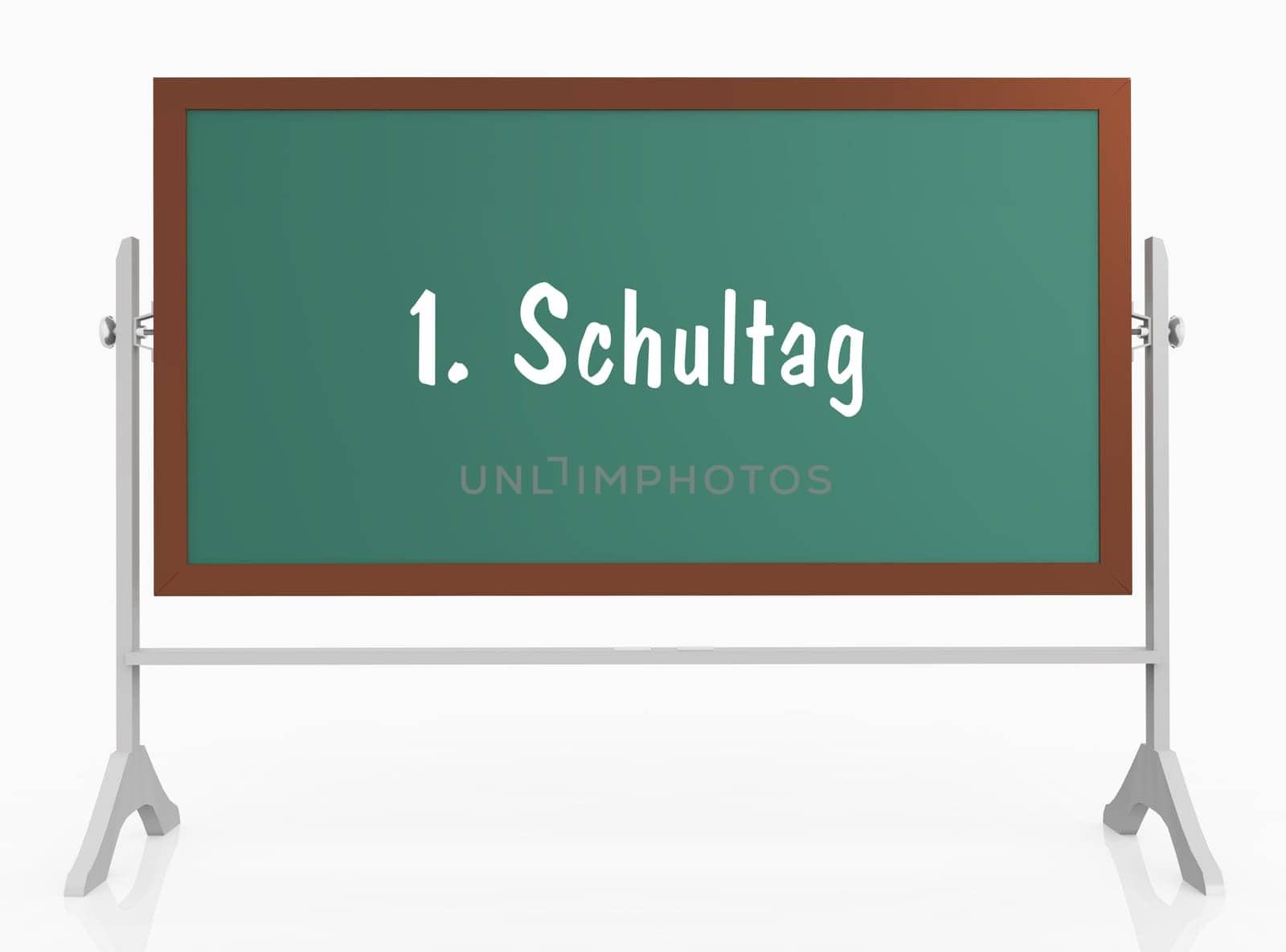 Computer generated 3D illustration of a chalkboard with German text 1. Schultag