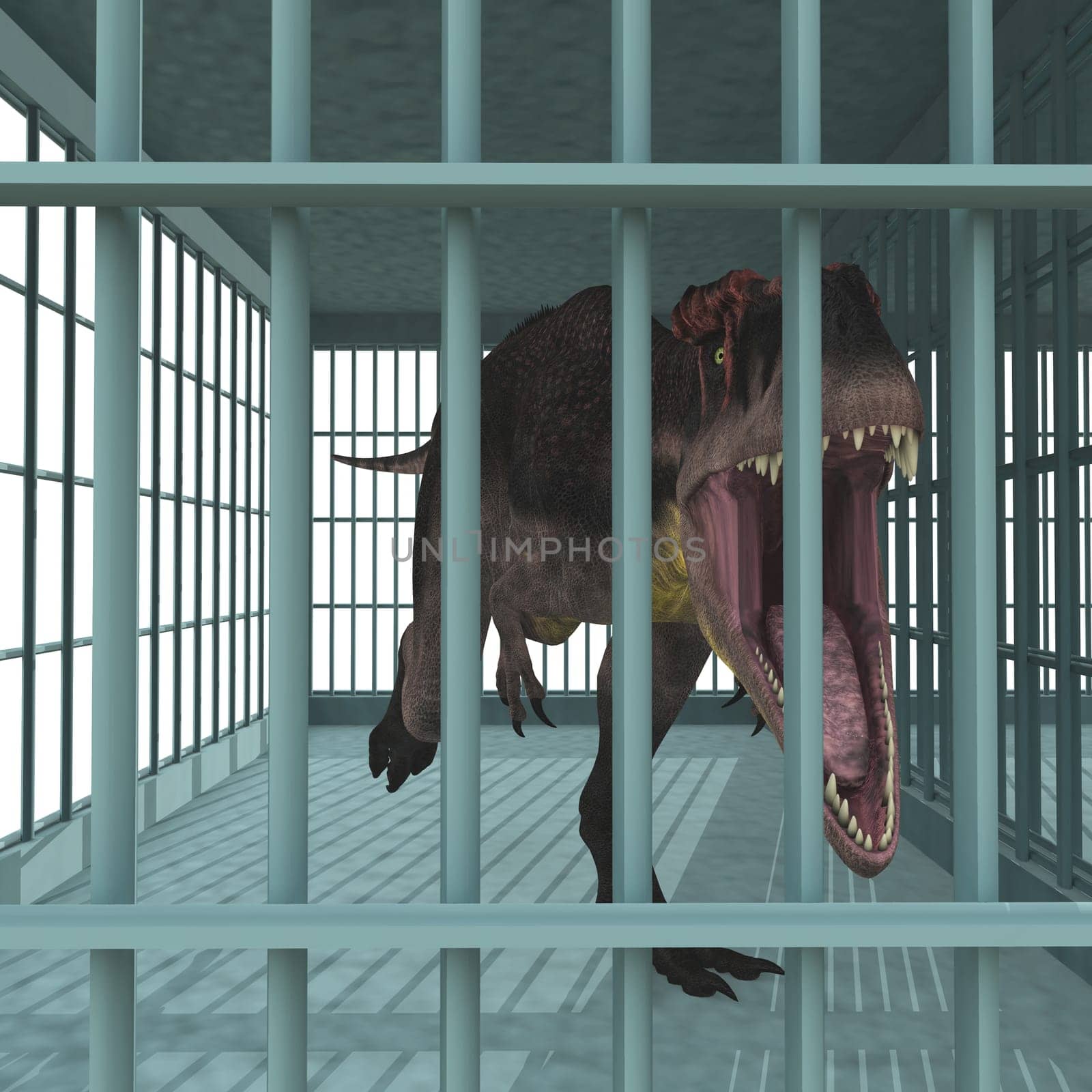 Computer generated 3D illustration with the dinosaur Tyrannotitan in an animal cage