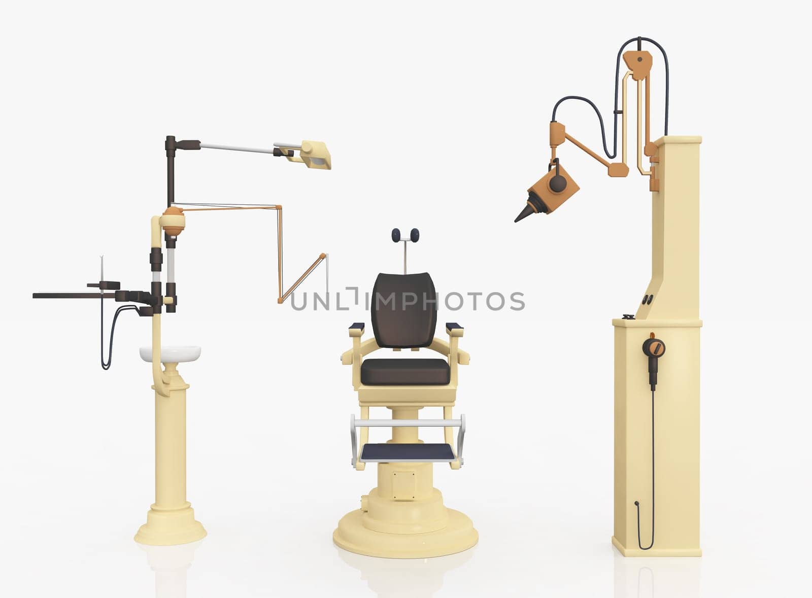 Computer generated 3D illustration with a dentist office against a white background