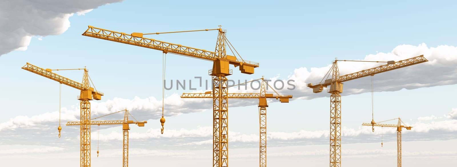 Computer generated 3D illustration with construction cranes against a blue sky with clouds