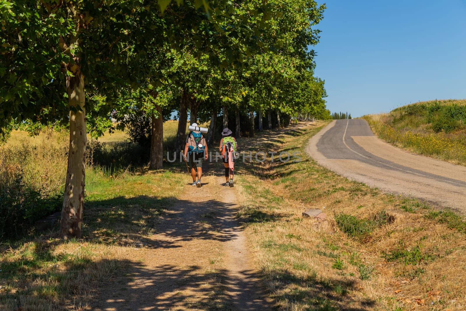 Navarre, Spain, 26 August, 2022: Pilgrims walk along the Camino De Santiago, the Way of St. James pilgrimage route, Navarra, Spain.