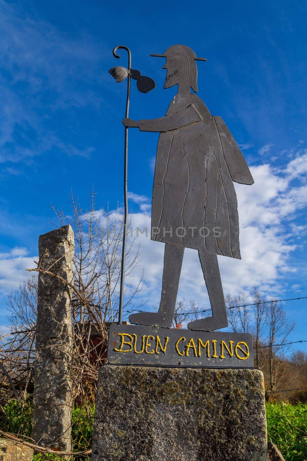 Estremadura, Spain - 20 August 2022: Buen Camino sign on the Silver way to Santiago
