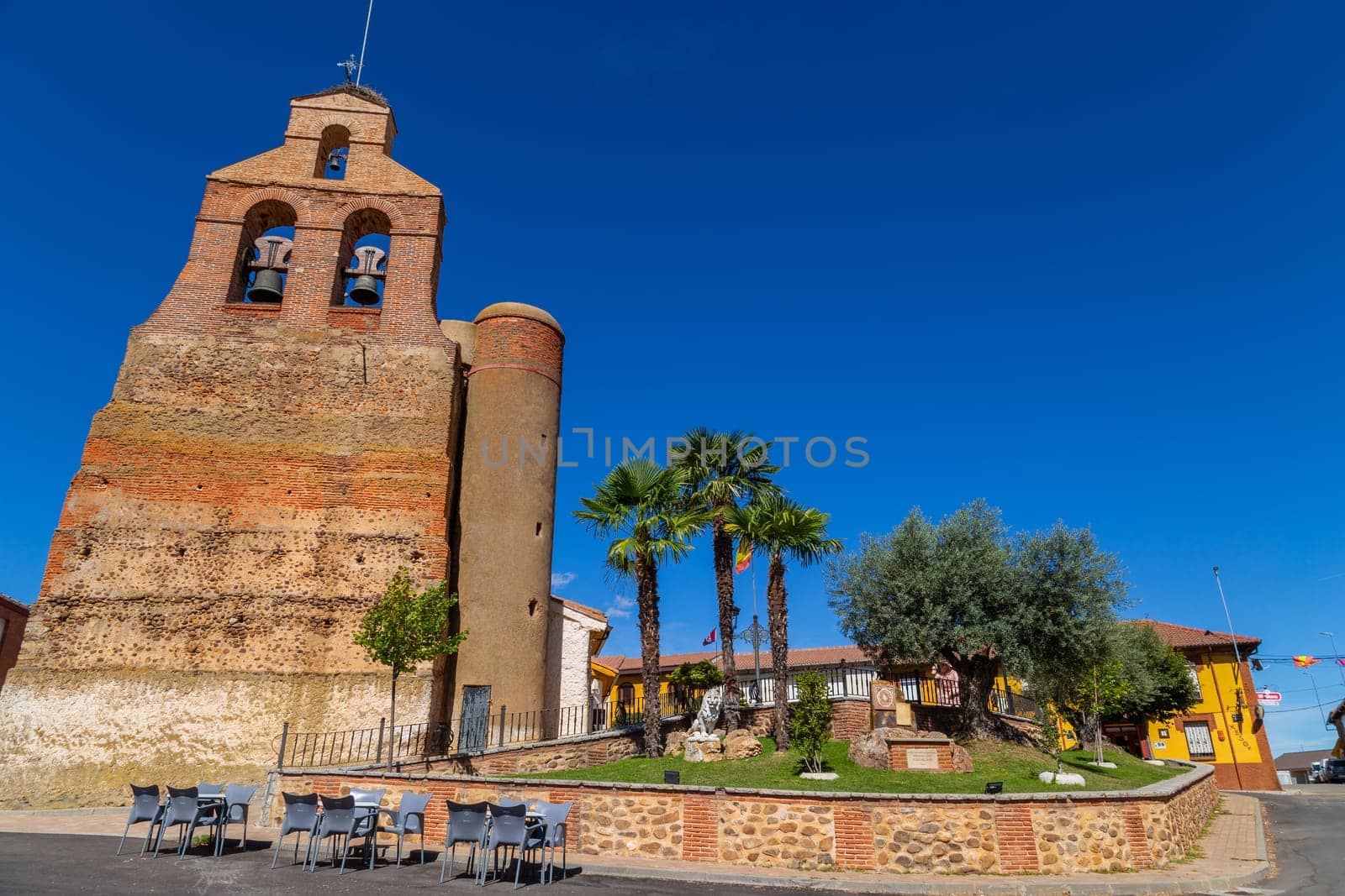 Mazarife, Castile and Leon, Spain: 12 August 2022: Villar de Mazarife church, province Leon, Spain. Camino de Santiago.
