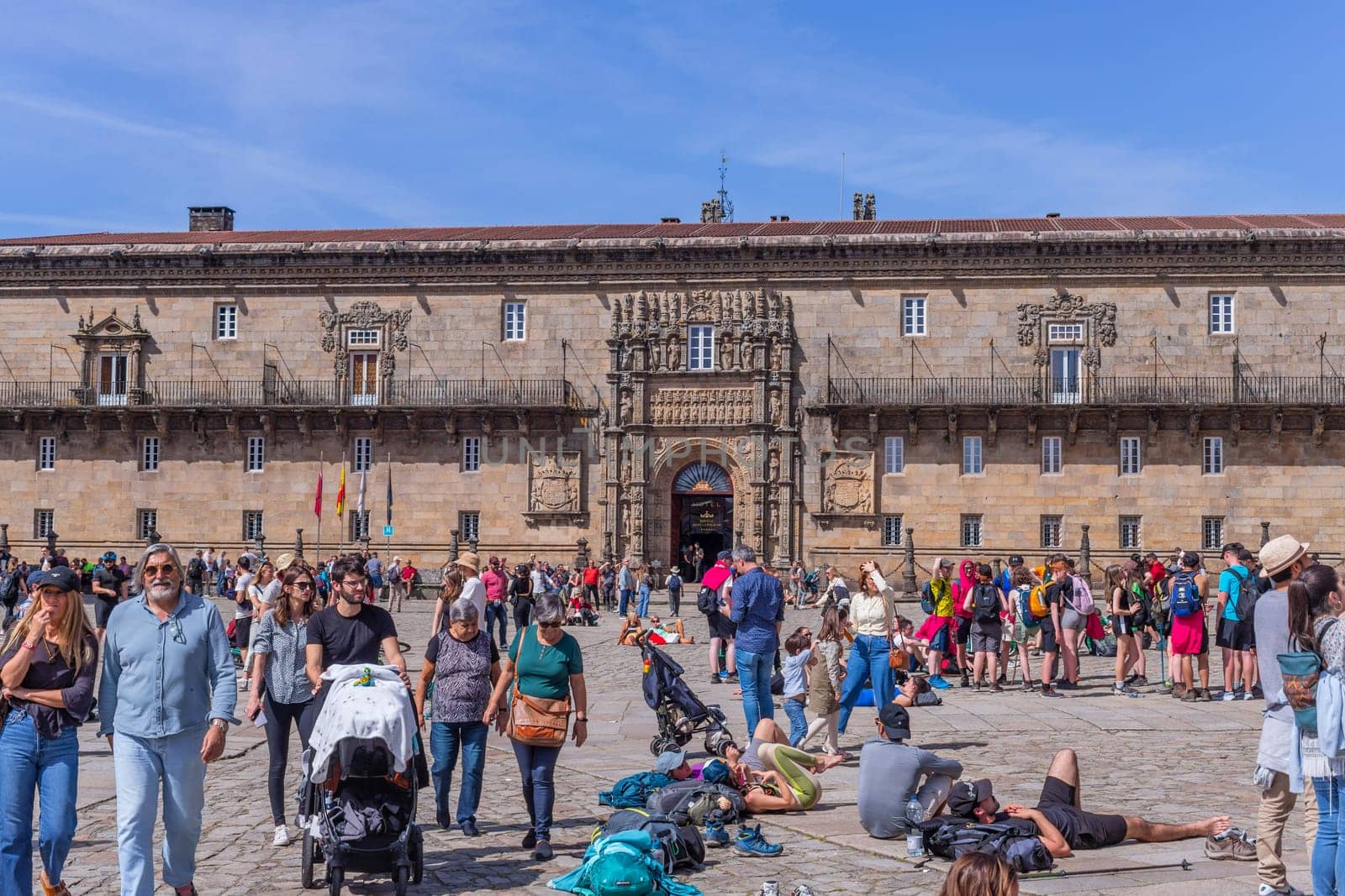 Santiago de Compostela, Spain: April 05, 2023. Main Square at the Cathedral of Santiago and Obradoiro Square. Tourists and pilgrims