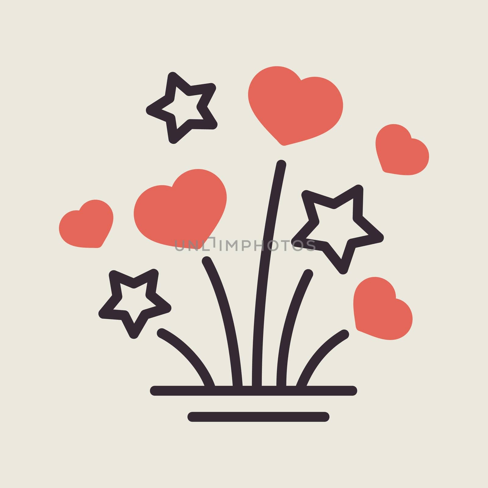 Fireworks explosion splash with stars and hearts isolated icon. Vector illustration, romance elements. Sticker, patch, badge, card for marriage, valentine