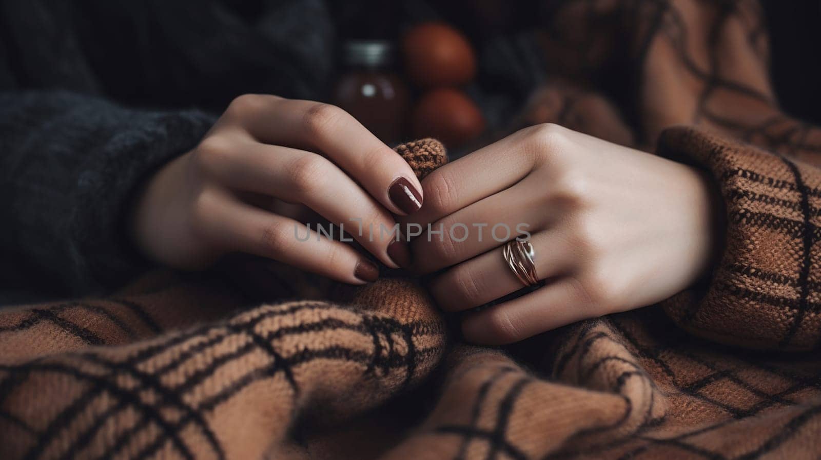 Female hands with beautiful brown manicure on knitted plaid, generative ai