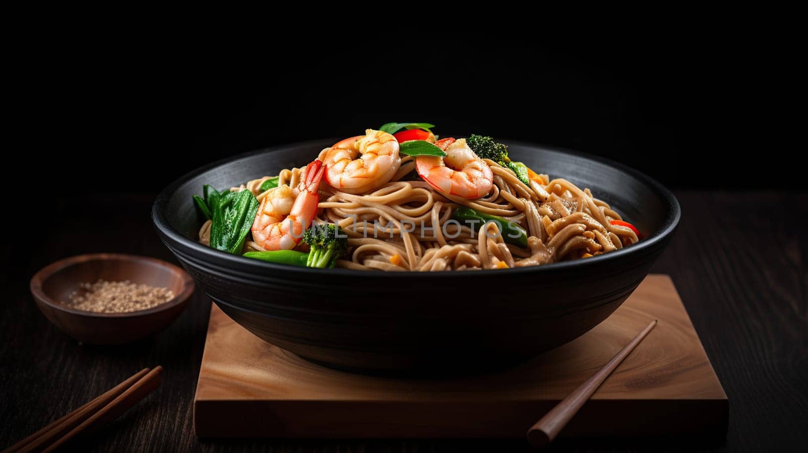 Stir fry noodles with vegetables and beef in black bowl, generative ai