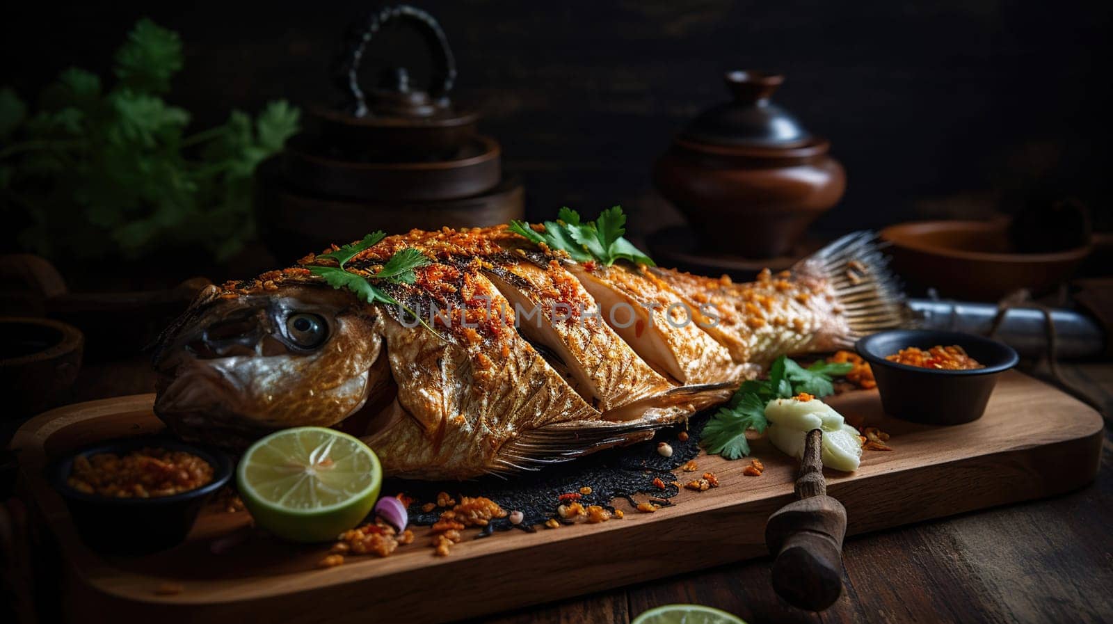Homemade grilled fish - Asian recipe - healthy seafood concept, generative ai