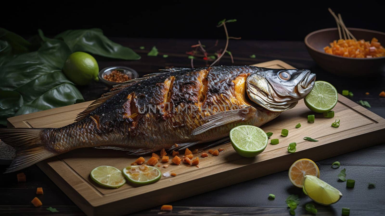 Asian recipe - Homemade grilled fish - healthy seafood concept, generative ai