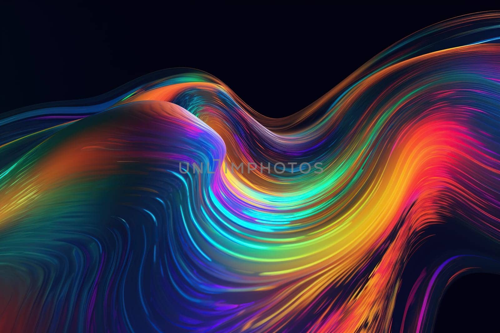 Abstract fluid iridescent holographic neon curved wave in motion colorful background 3d render, generative ai