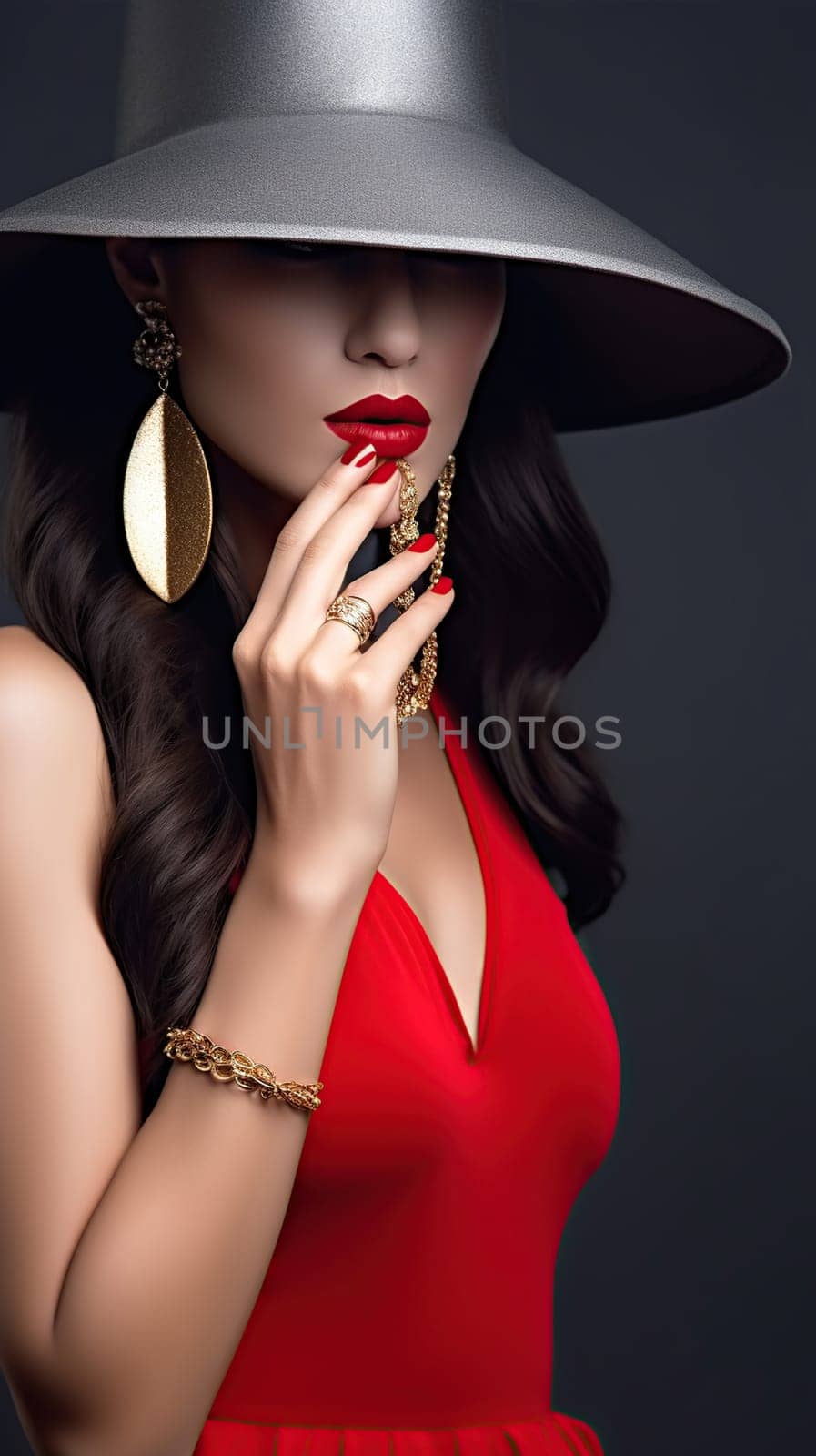 Fashion Woman in Hat hidden, Face in Red Decollete Dress with Golden Earring. Elegant Lady in plunging neckline Evening Gown. Model Portrait with Glossy Red Lips over Studio Background, generative ai