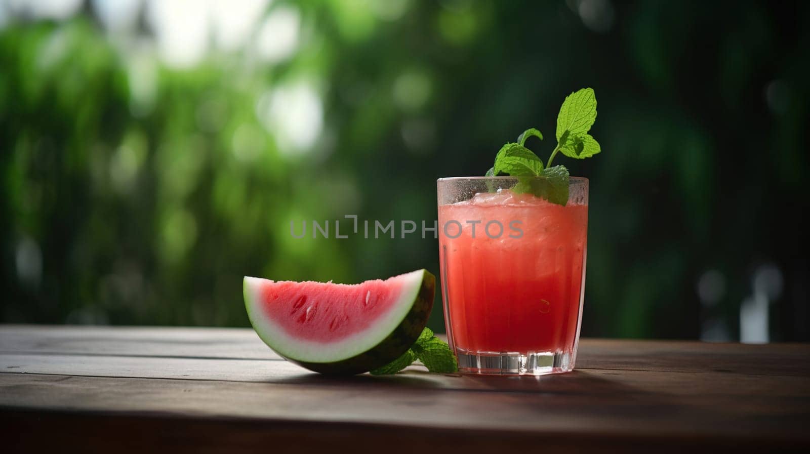 Glass of freshly made watermelon juice with lime and mint on wooden table outdoors, generative ai