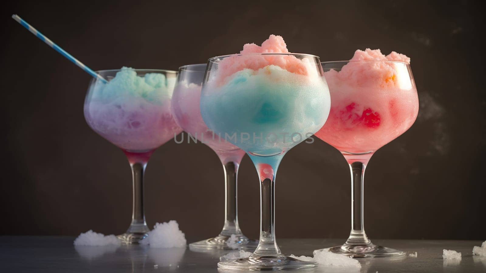 Glasses with tasty cotton candy cocktail on black background, generative ai