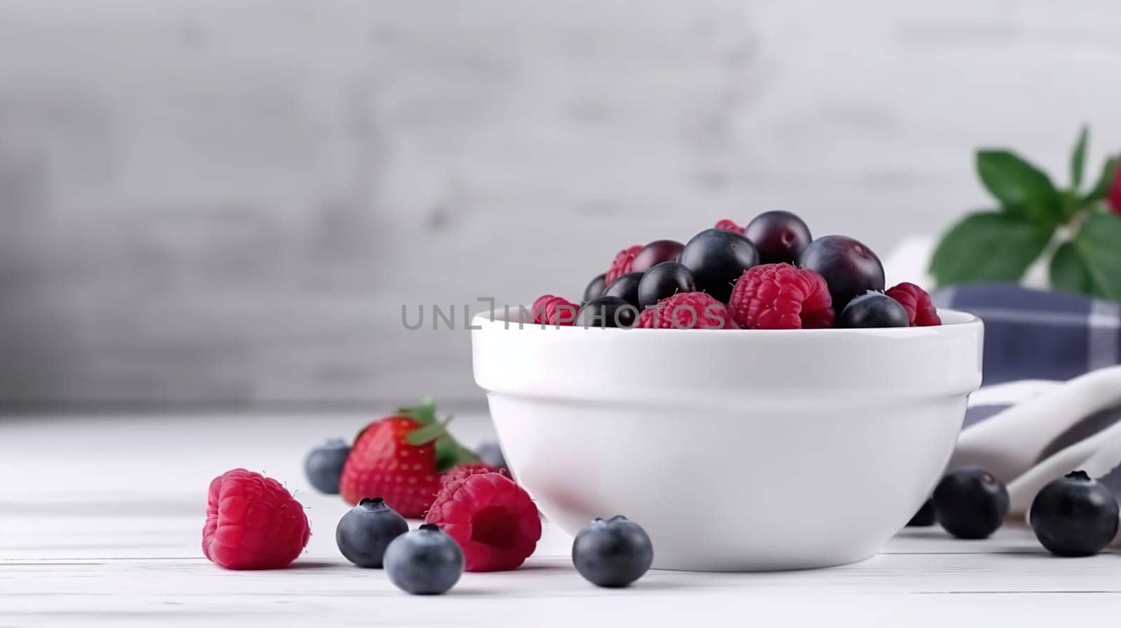Bowl of fresh mixed berries and yogurt with farm fresh blueberries served on a wooden table, generative ai