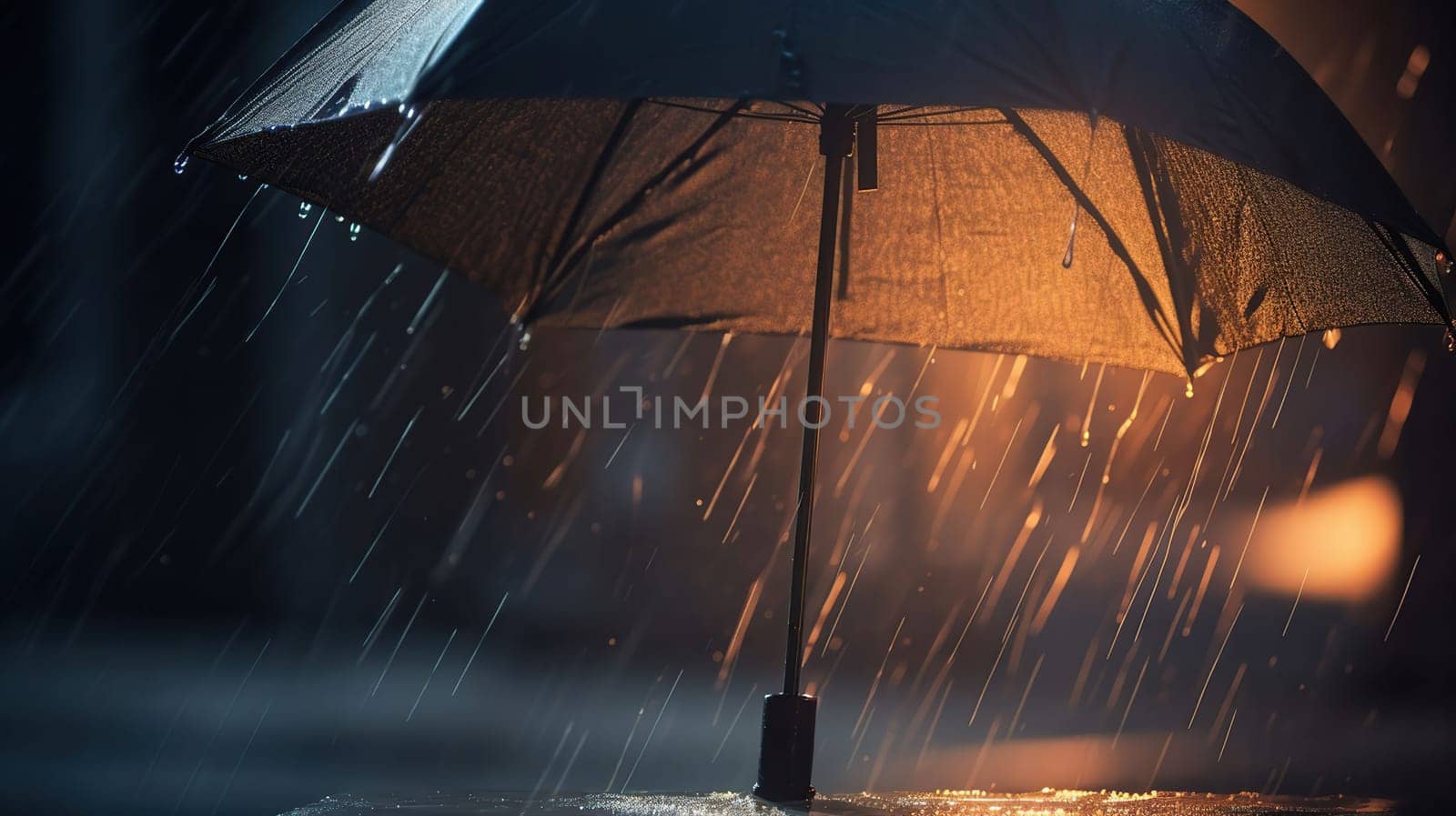 Rain And Lightning On Black Umbrella On Defocused Background - Abstract Weather Concept, generative ai