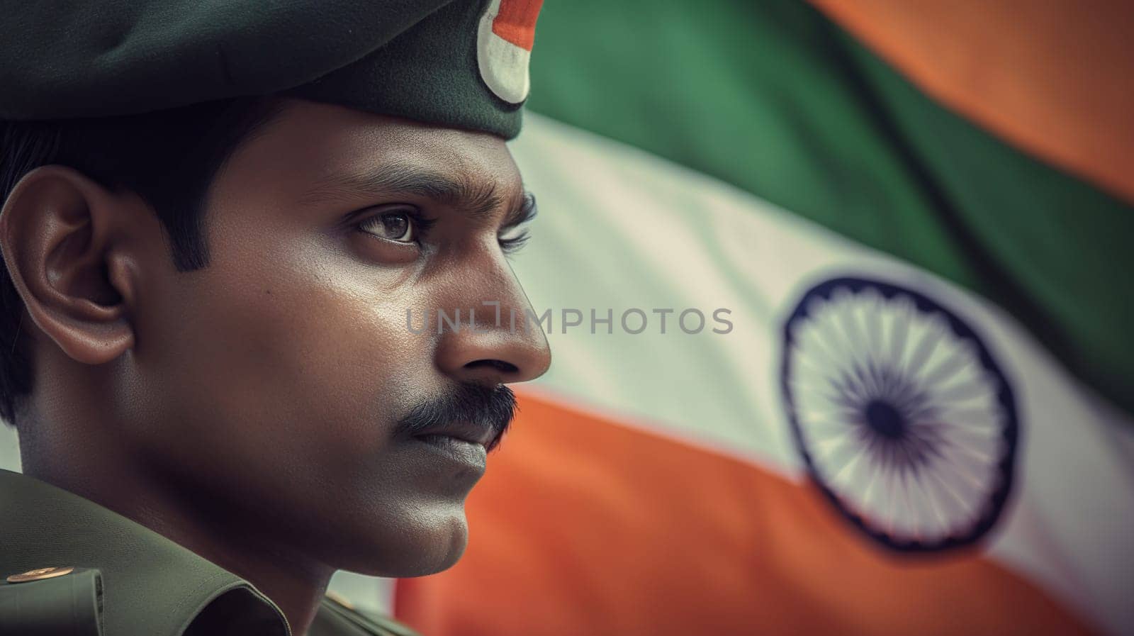 Soldier with Indian flag. Greeting card for Republic Day, Independence Day. National celebration, generative ai