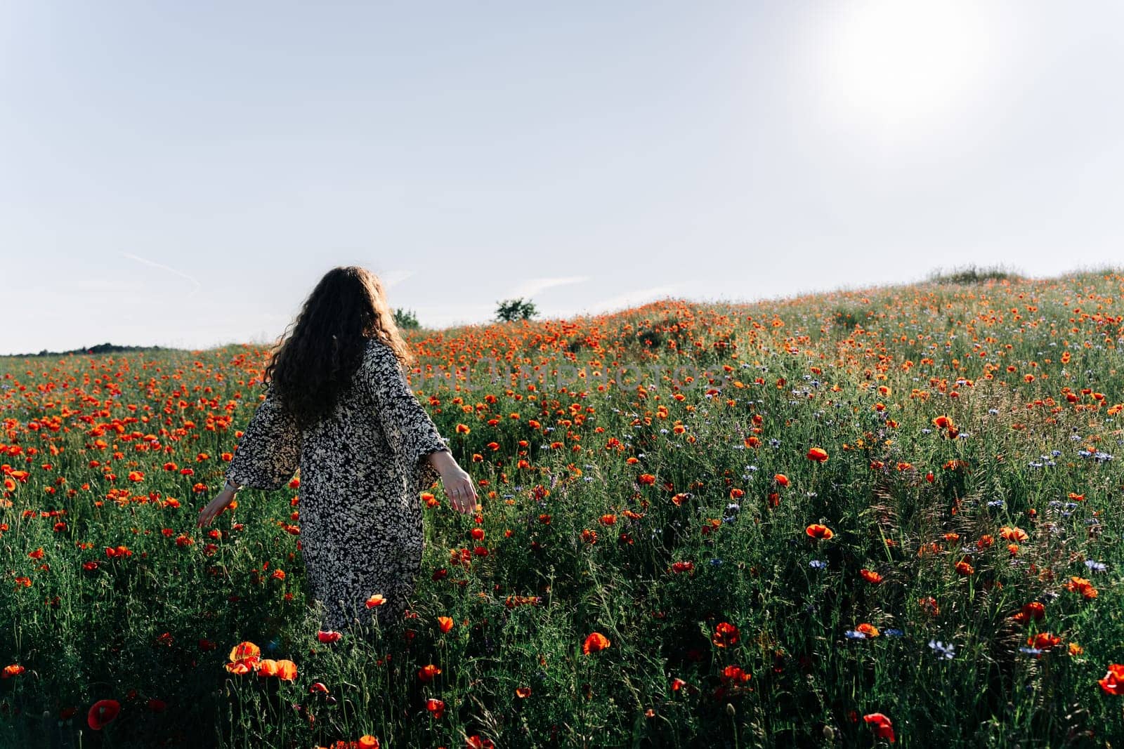A long-haired woman in a dress stands with her arms spread to the sides among a poppy field.