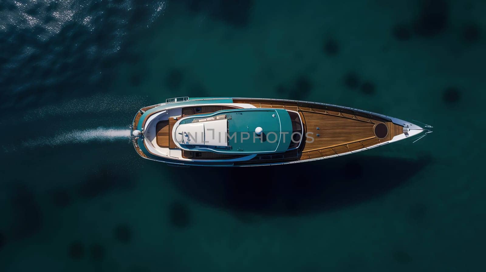 Aerial drone top down photo of luxury yacht nose with wooden deck anchored , generative ai
