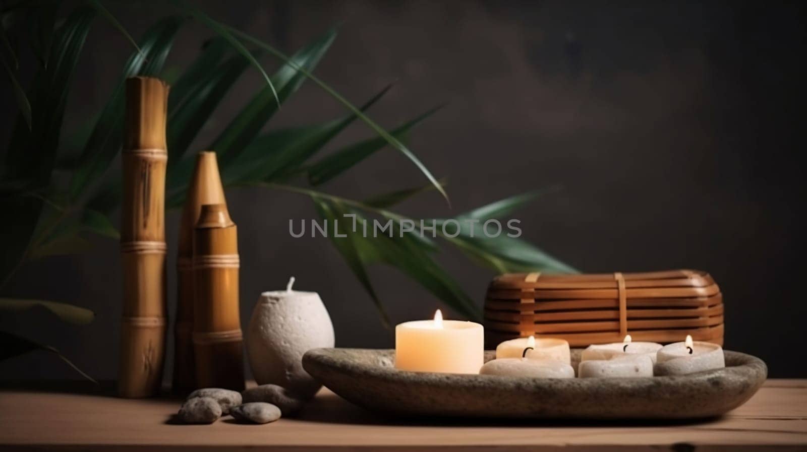 Spa still life with stacked of stone,burning candle and bamboo leaf, generative ai