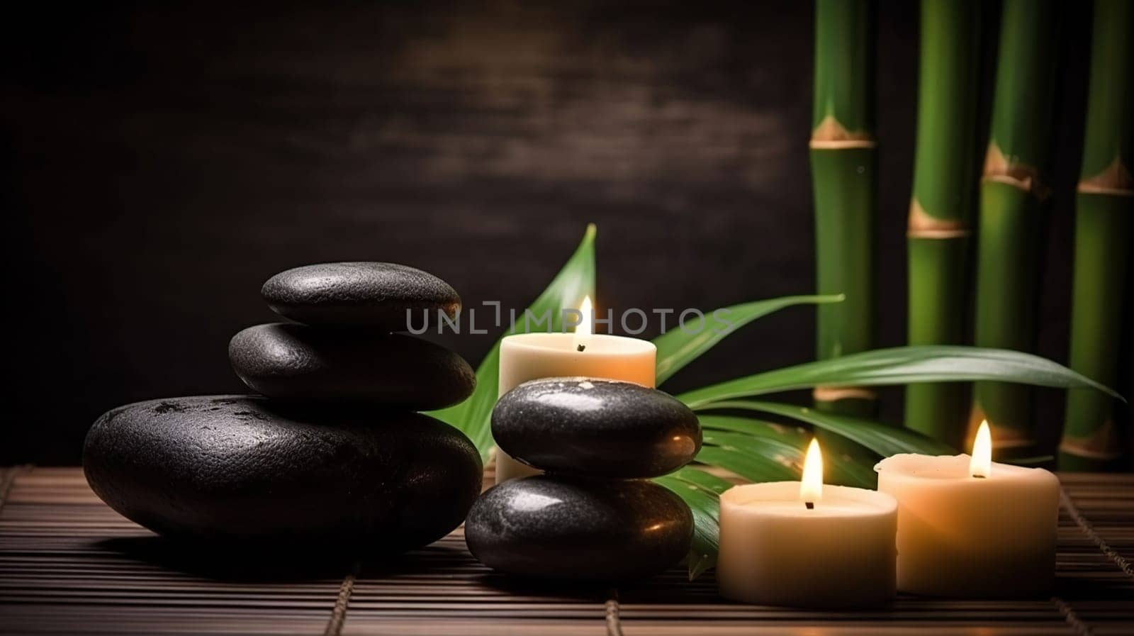 Spa still life with stacked of stone and bamboo leaf, generative ai