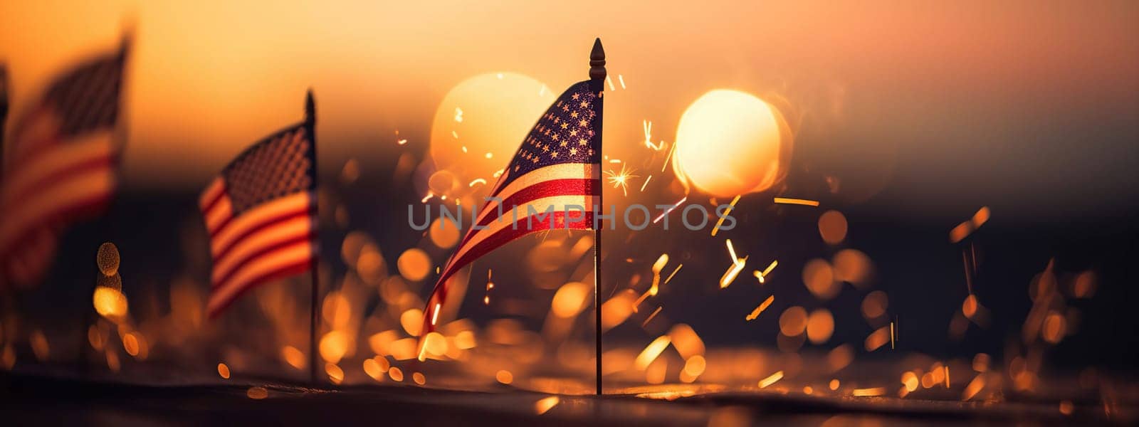 American Celebration - Usa Flag And Fireworks At Sunset, generative ai