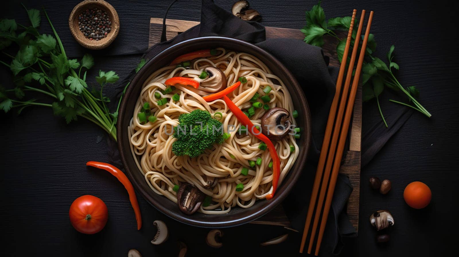 Asian noodles with vegetables and mushrooms on a dark background, top view, generative ai