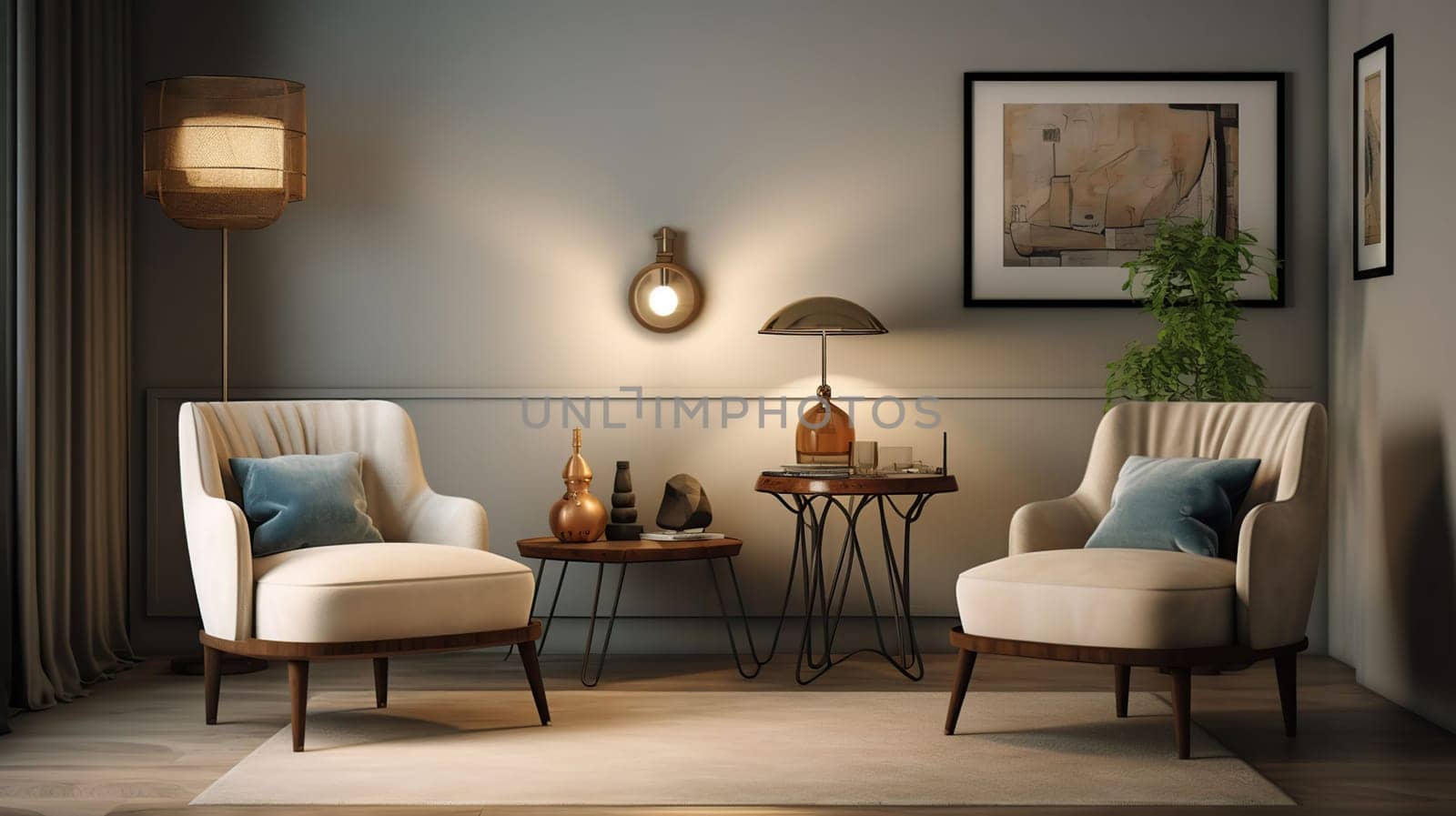Stylish and design composition of Interior of light living room with lamps, armchair and commode, generative ai