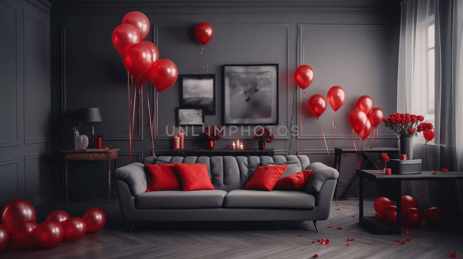 Interior of living room with sofa, tables and red balloons, for romantic couple, generative ai