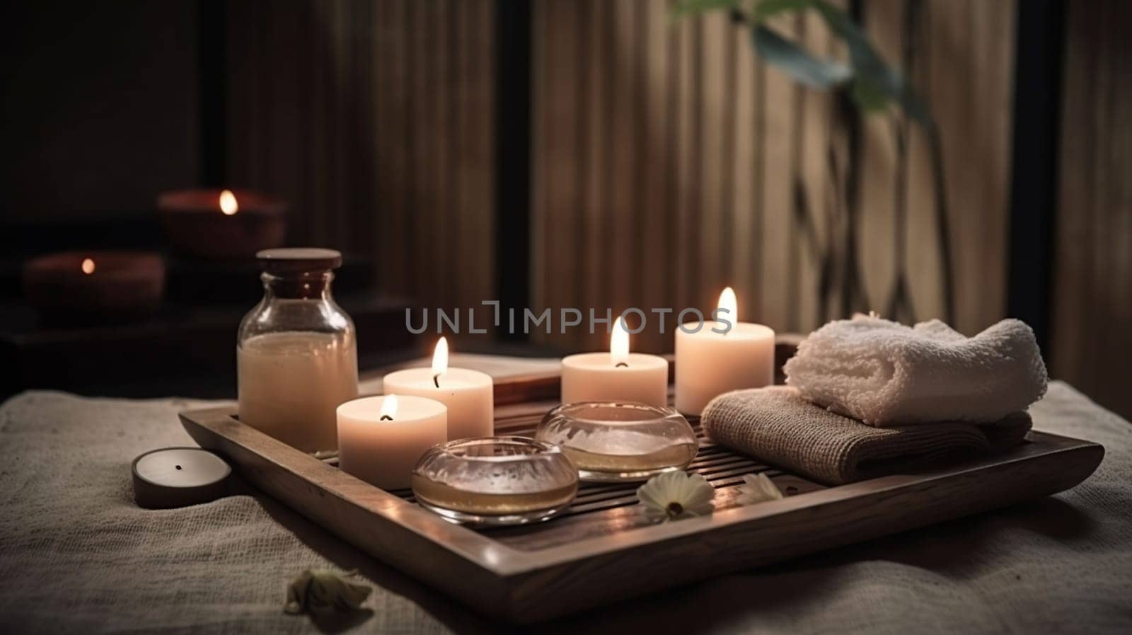 Beautiful spa composition on massage table in wellness center, generative ai