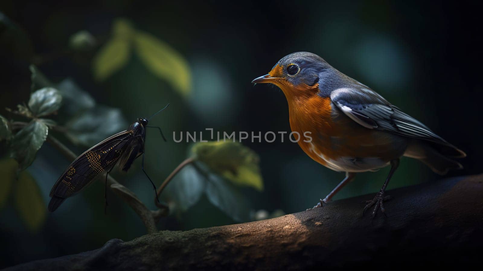 Beautiful background image of a wild robin (Erithacus rubecula) with stunning colors and a monarch butterfly (Danaus plexippus) standing on a branch. Tiny and cute bird looking at a prey butterfly, generative ai