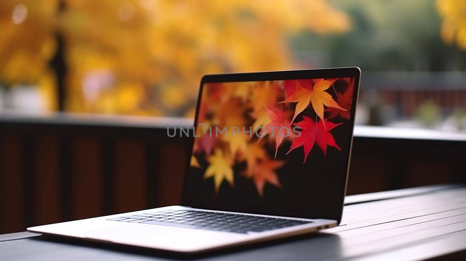 Blank screen laptop computer on terrace with beautiful autumn colorful red and yellow maple leaves background, generative ai