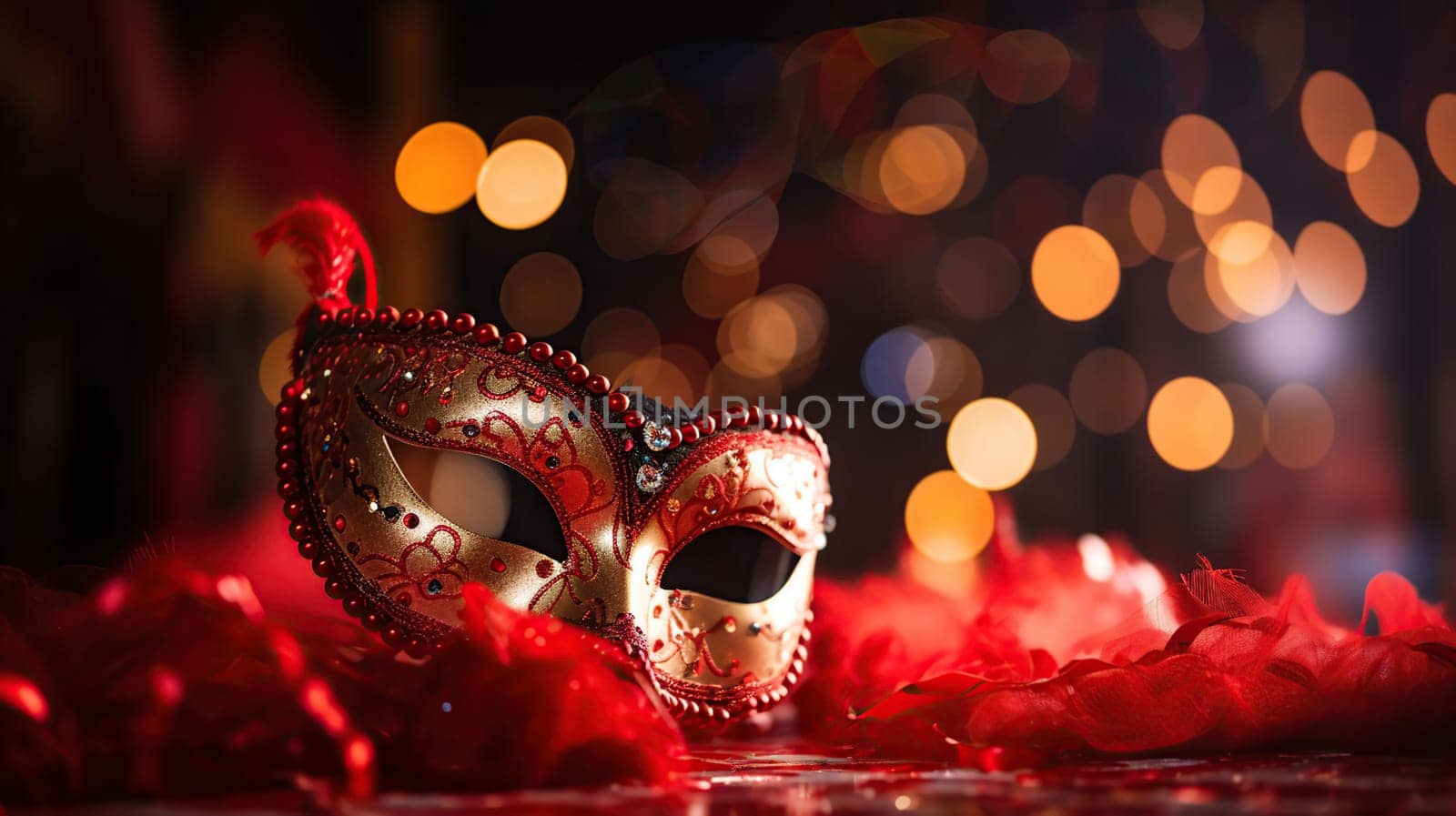 Carnival Party - Venetian Masks On Red Glitter With Shiny Streamers On Abstract Defocused Bokeh Lights with copy space for text, generative ai