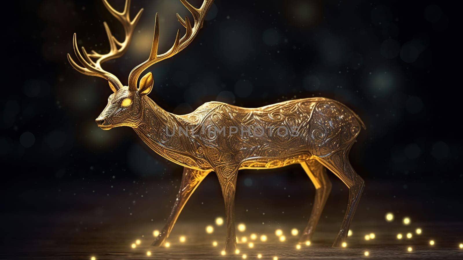 Christmas Illustration - Golden Reindeer In Abstract Night, generative ai
