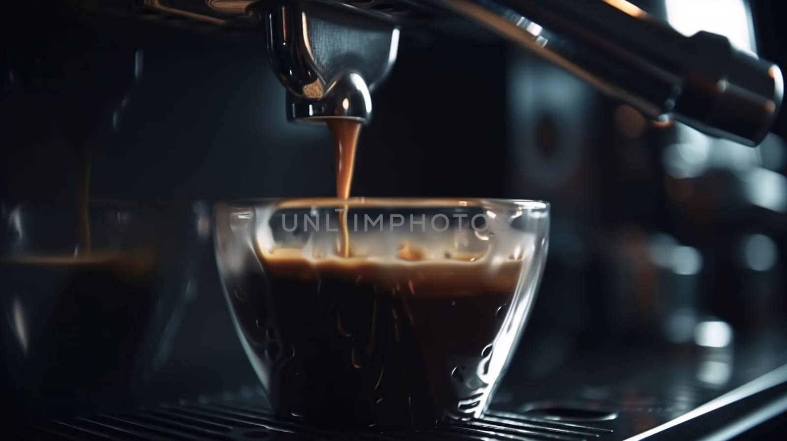 Close-up of espresso pouring from coffee machine. Professional coffee brewing, generative ai