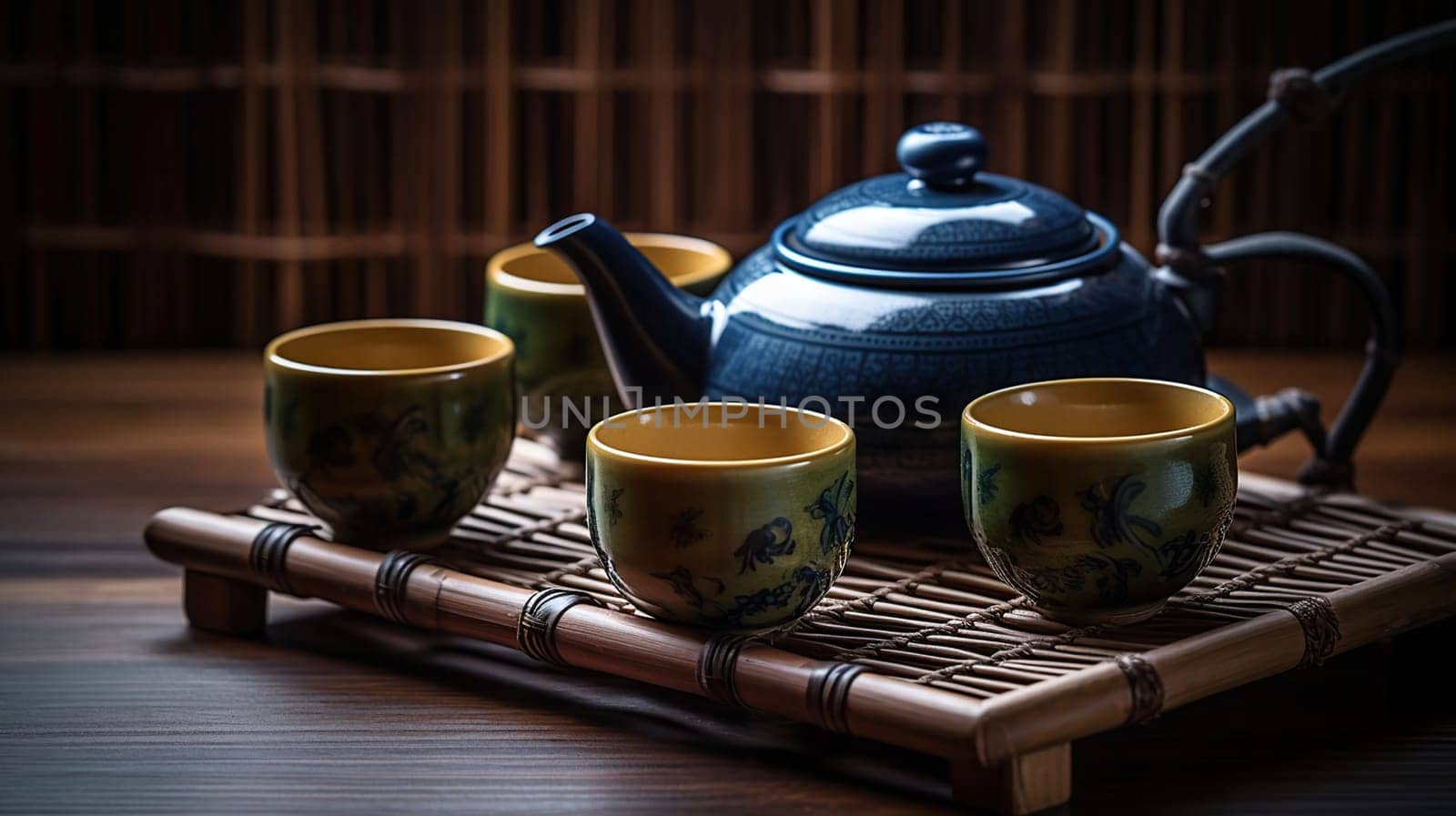 Warm cup of tea with teapot, green tea leaves and dried herbs on the bamboo mat at morning, generative ai