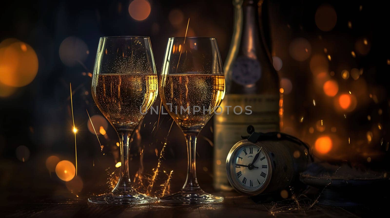 New Year Celebration - Toast With Champagne And Fireworks - Defocused Bokeh Lights And Glittering Effect On Background, generative ai