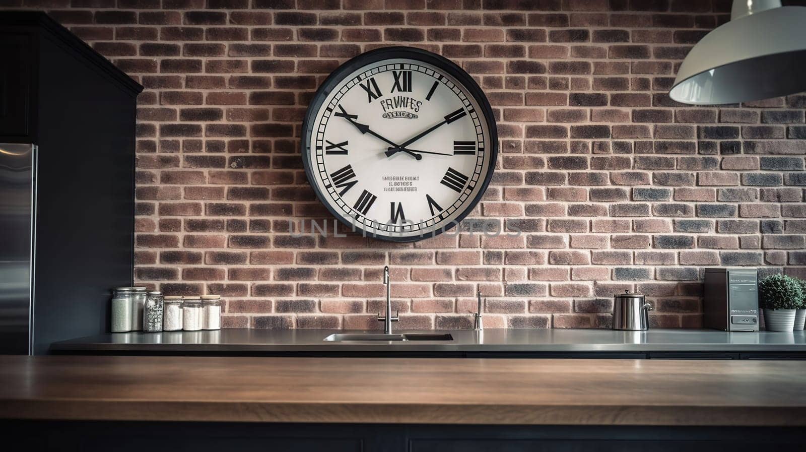 Big clock hanging on white brick wall in kitchen, generative Ai
