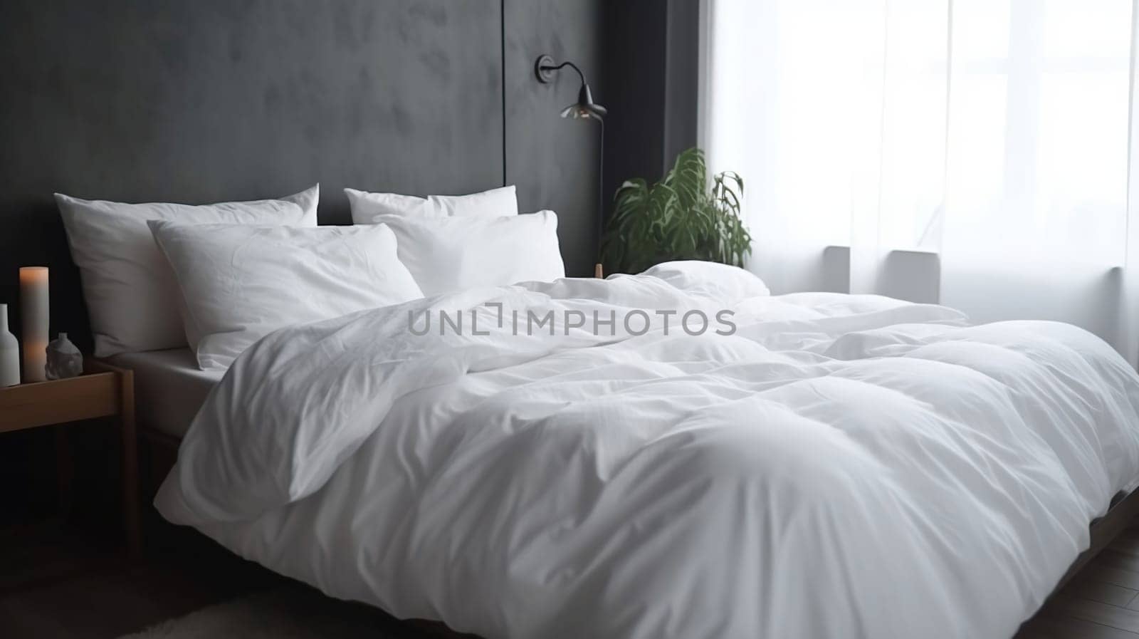Comfortable bed with soft white mattress, blanket and pillows indoors, generative ai