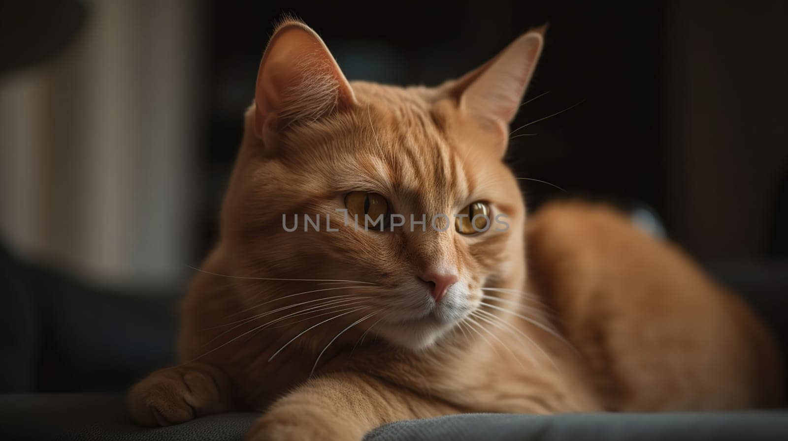 Cute range cat lying on sofa in living room, generative ai