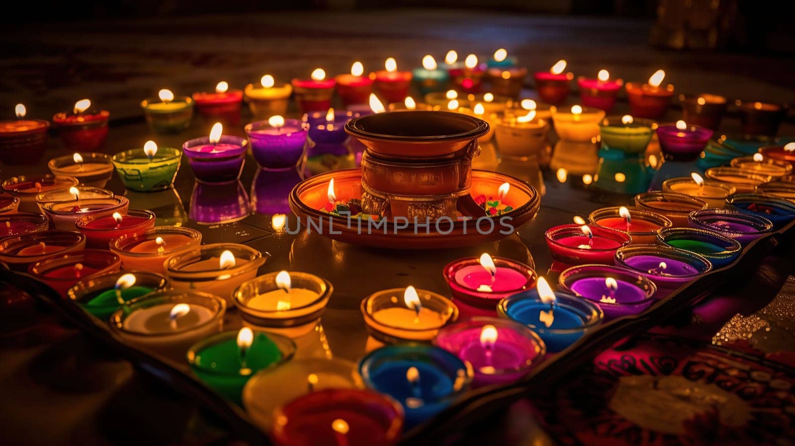 Diwali celebration - Diya oil lamps lit on colorful rangoli, generative ai