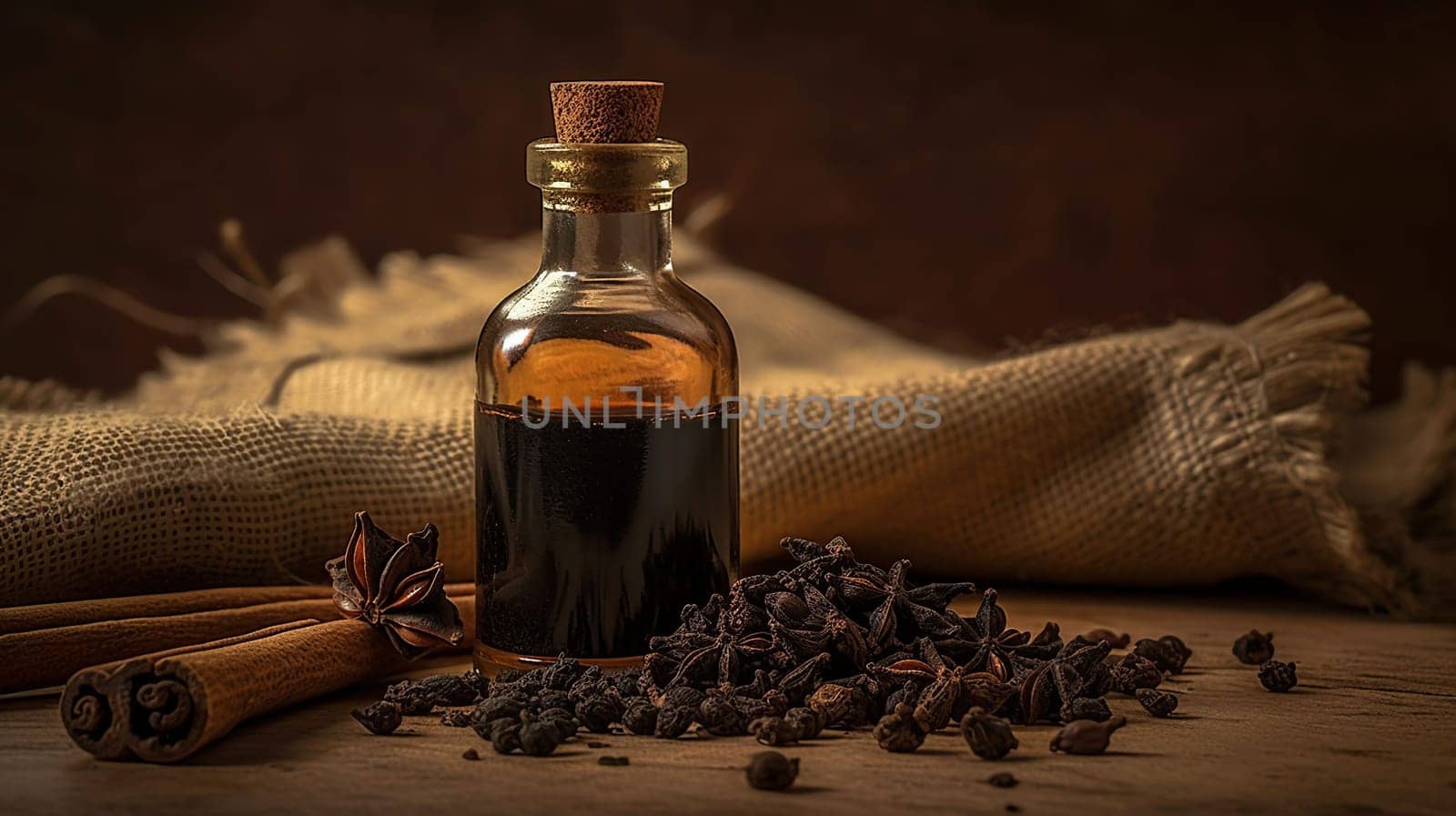 Essential oil of clove rustic . Close up glass bottle of clove oil and cloves in wooden shovel on burlap sack. Generative ai