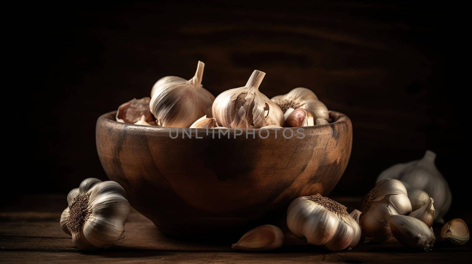 Garlic Cloves and Bulb in vintage wooden bowl, black baground, generative ai